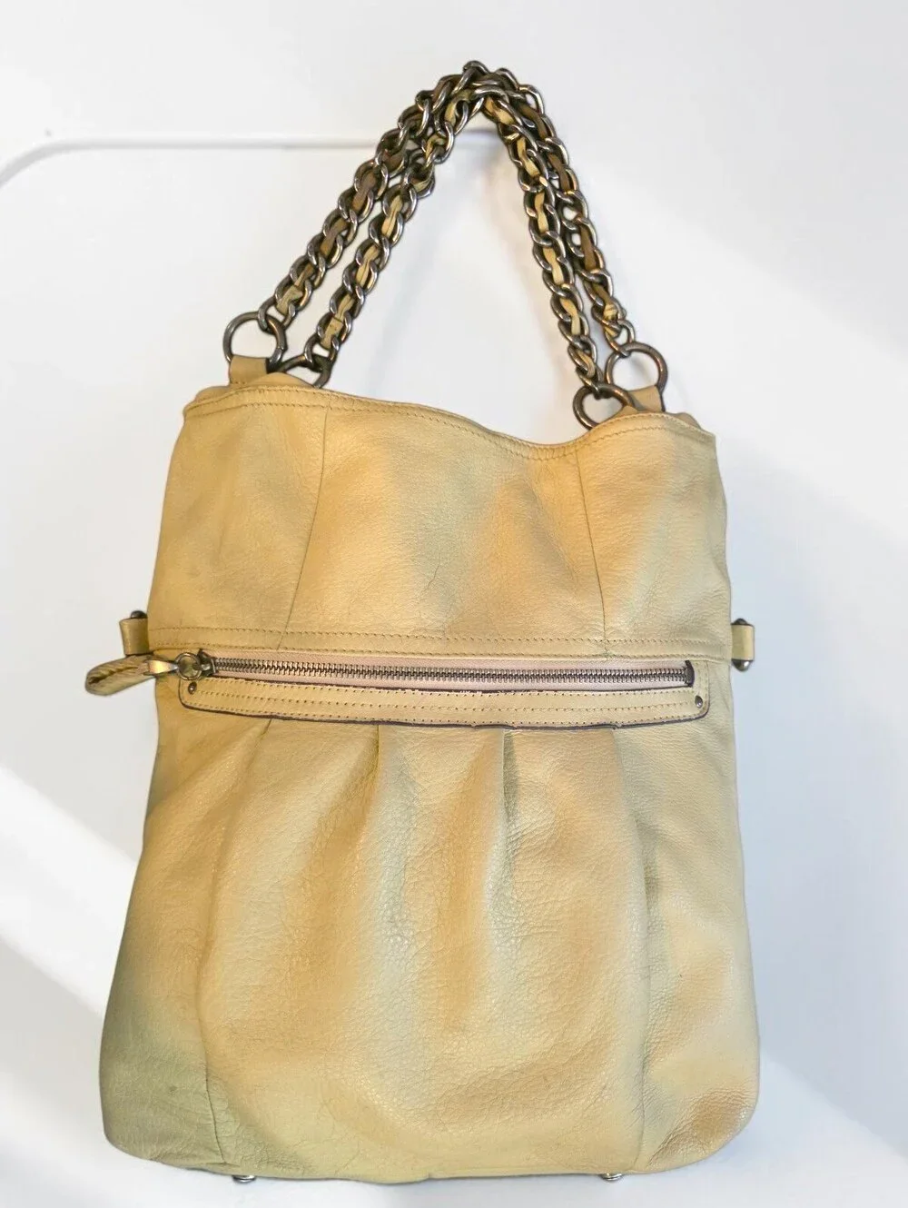 B Makowsky Butter Yellow Leather Hobo Shoulder Bag Chain Handle Y2K Large